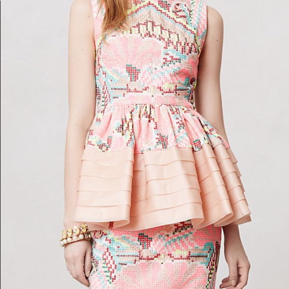 Anthropologie Pink Multicolor Embroidered Tiered Peplum Top - Picture 3 of 4
